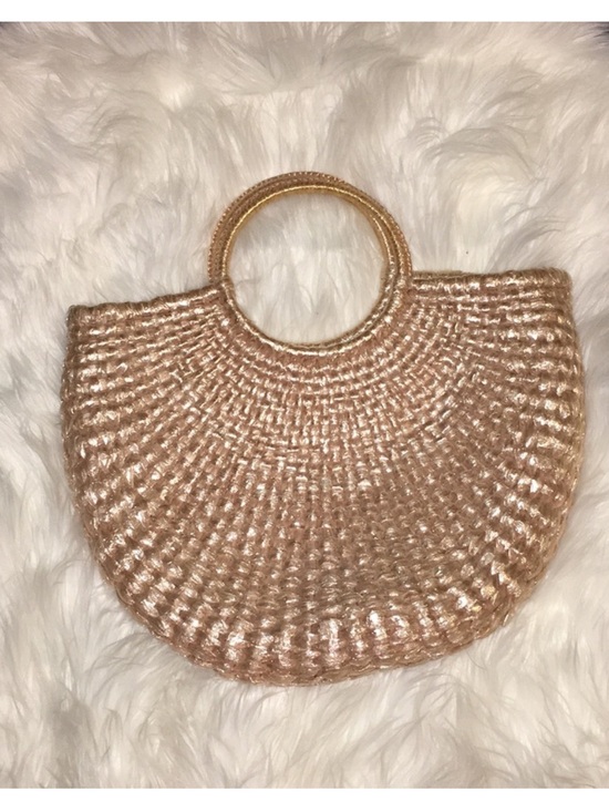 Handbags - Made in Italy - straw Woven champagne Metallic top handle round beach Tote Bag